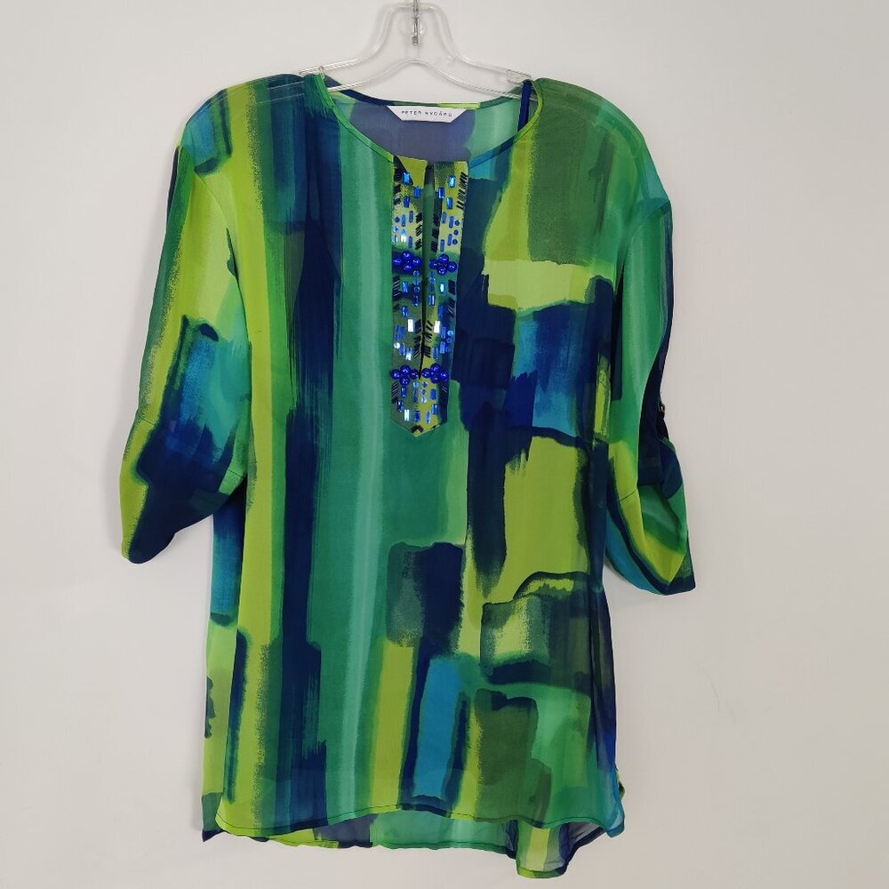 Peter Nygard Women's Blouse With Camisole Size L Boho Sheer Green Blue Beaded